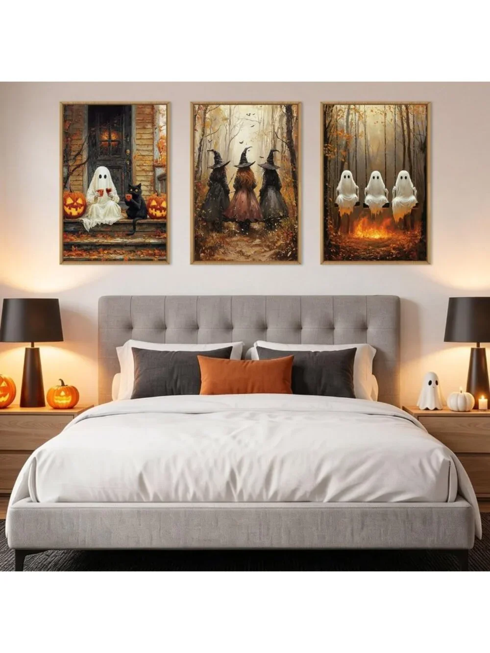 Spooky Halloween Wall Art Set of 3 - Dark Witch, Black Cat & Raven Prints